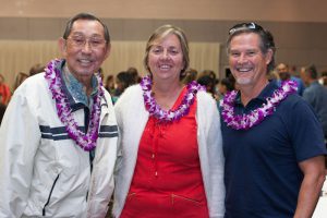 Former ISLAND PACIFIC ACADEMY Athletic Directors, Ron Tsuchiya and Colleen Carrington, and Rich Becherer, IPA swimming coach.