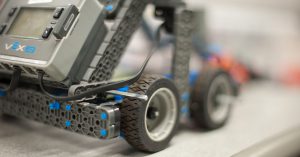 Close up of a VEX robotics robot wheels
