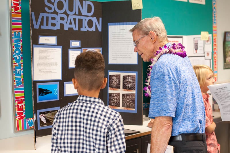 Teacher judging science fair project with student
