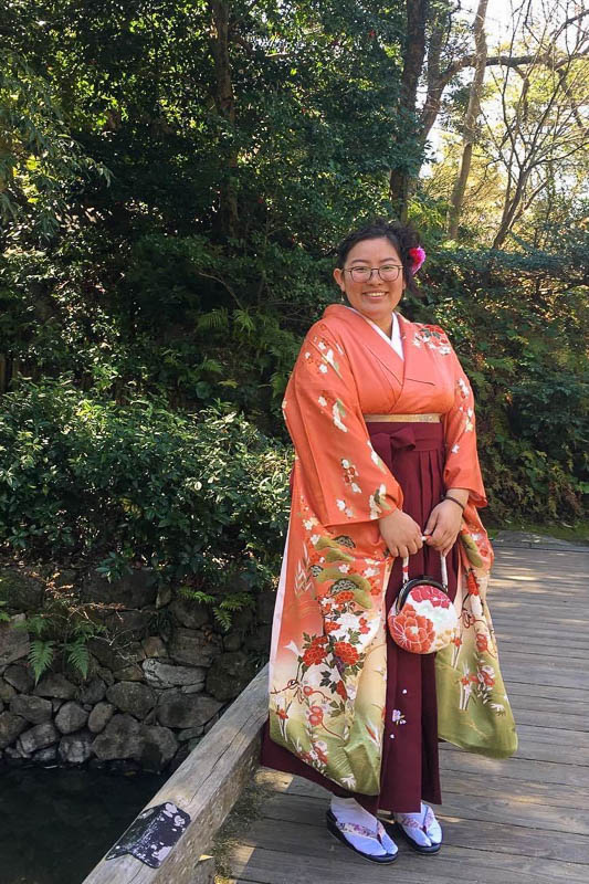 Kelsey at a kimono event in Fukuoka, Japan.