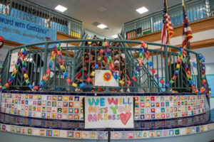 Elementary foyer decorated with student signs