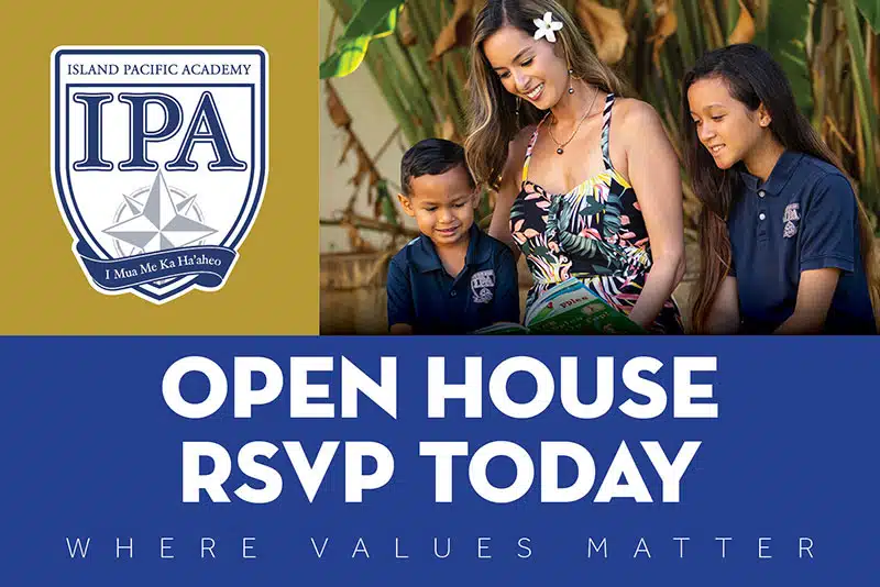 IPA 2023 Open House RSVP Graphic with female teacher with 2 IPA students