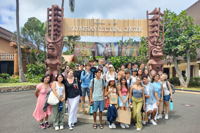 Group photo of IPA and ITJ students at Polynesian Cultural Center.
